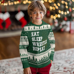 Eat Sleep Wrestle Repeat Ugly Christmas Sweater Funny Wrestling Gym American Flag TS10 Forest Green Beige Print Your Wear