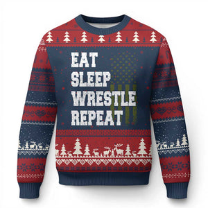 Eat Sleep Wrestle Repeat Ugly Christmas Sweater Funny Wrestling Gym American Flag TS10 Navy Red Print Your Wear