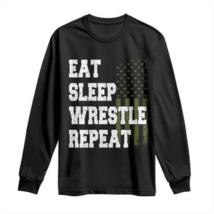 Eat Sleep Wrestle Repeat Long Sleeve Shirt Funny Wrestling Gym American Flag TS10 Black Print Your Wear