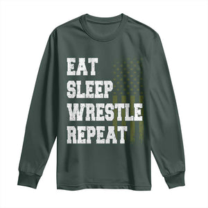 Eat Sleep Wrestle Repeat Long Sleeve Shirt Funny Wrestling Gym American Flag TS10 Dark Forest Green Print Your Wear