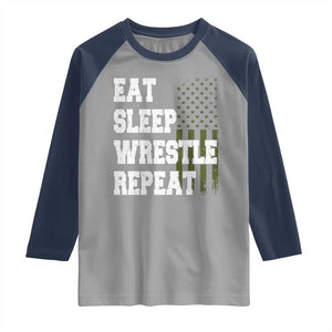 Eat Sleep Wrestle Repeat Raglan Shirt Funny Wrestling Gym American Flag TS10 Sport Gray Navy Print Your Wear