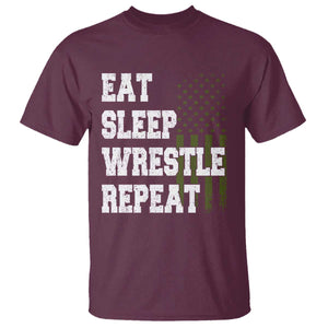 Eat Sleep Wrestle Repeat T Shirt Funny Wrestling Gym American Flag TS10 Maroon Print Your Wear