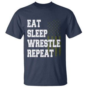 Eat Sleep Wrestle Repeat T Shirt Funny Wrestling Gym American Flag TS10 Navy Print Your Wear
