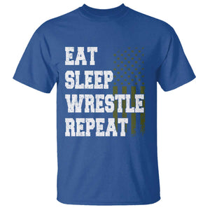 Eat Sleep Wrestle Repeat T Shirt Funny Wrestling Gym American Flag TS10 Royal Blue Print Your Wear