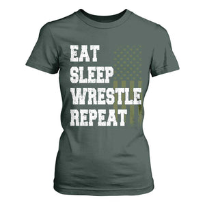 Eat Sleep Wrestle Repeat T Shirt For Women Funny Wrestling Gym American Flag TS10 Dark Forest Green Print Your Wear