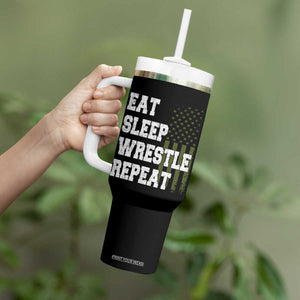 Eat Sleep Wrestle Repeat Tumbler With Handle Funny Wrestling Gym American Flag TS10 Print Your Wear