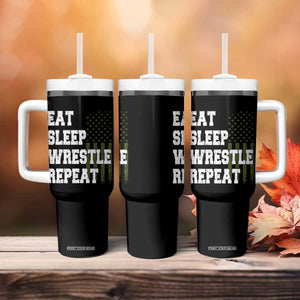 Eat Sleep Wrestle Repeat Tumbler With Handle Funny Wrestling Gym American Flag TS10 Print Your Wear