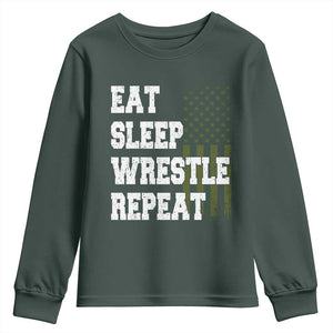 Eat Sleep Wrestle Repeat Youth Sweatshirt Funny Wrestling Gym American Flag TS10 Dark Forest Green Print Your Wear