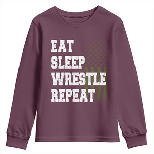 Eat Sleep Wrestle Repeat Youth Sweatshirt Funny Wrestling Gym American Flag TS10 Maroon Print Your Wear