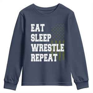 Eat Sleep Wrestle Repeat Youth Sweatshirt Funny Wrestling Gym American Flag TS10 Navy Print Your Wear