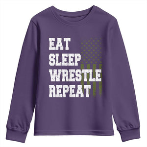 Eat Sleep Wrestle Repeat Youth Sweatshirt Funny Wrestling Gym American Flag TS10 Purple Print Your Wear