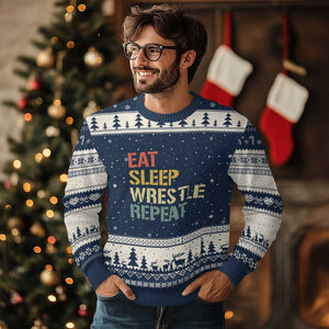Eat Sleep Wrestle Repeat Ugly Christmas Sweater Cool Wrestling TS10 Navy Beige Print Your Wear