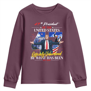 President Donald Trump Youth Sweatshirt Officially Unburdened By What Has Been 2025 47Th American Flag TS10 Maroon Print Your Wear