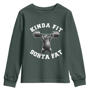 Funny Gym Youth Sweatshirt Kinda Fit Sorta Fat Bear Weightlifting Workout TS10 Dark Forest Green Print Your Wear