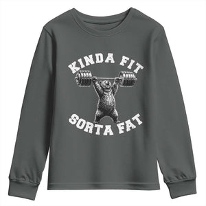 Funny Gym Youth Sweatshirt Kinda Fit Sorta Fat Bear Weightlifting Workout TS10 Dark Heather Print Your Wear