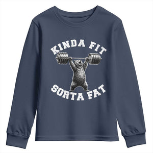 Funny Gym Youth Sweatshirt Kinda Fit Sorta Fat Bear Weightlifting Workout TS10 Navy Print Your Wear