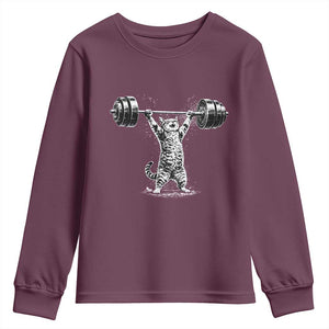 Funny Cat Gym Youth Sweatshirt Weightlifting Workout TS10 Maroon Print Your Wear