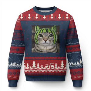 Watermelon Cat Silly Cat Meme Ugly Christmas Sweater TS10 Navy Red Print Your Wear