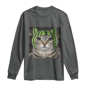 Watermelon Cat Silly Cat Meme Long Sleeve Shirt TS10 Dark Heather Print Your Wear