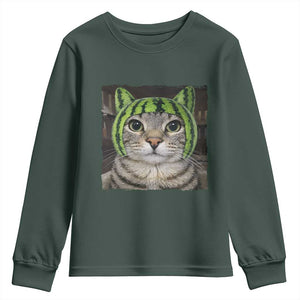 Watermelon Cat Silly Cat Meme Youth Sweatshirt TS10 Dark Forest Green Print Your Wear