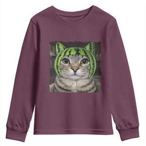 Watermelon Cat Silly Cat Meme Youth Sweatshirt TS10 Maroon Print Your Wear