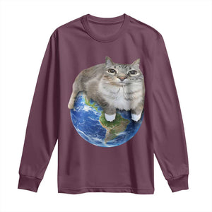 Earth Cat Silly Cat Meme Long Sleeve Shirt TS10 Maroon Print Your Wear