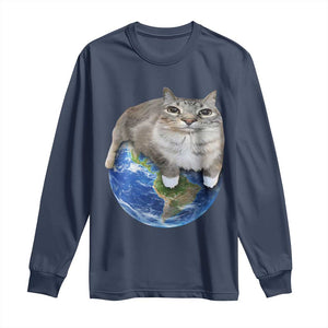 Earth Cat Silly Cat Meme Long Sleeve Shirt TS10 Navy Print Your Wear