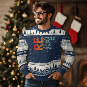 Environmental Activism Ugly Christmas Sweater Recycle Reuse Renew Rethink Earth Day TS10 Navy Beige Print Your Wear