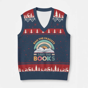 Ban The Fascists Save The Books V-Neck Knit Sweater Vest Funny Book Lovers Librarian Book Nerd TS10 Navy Red Print Your Wear