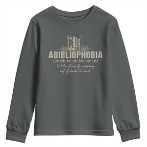 Abibliophobia Youth Sweatshirt Funny Reading Bookworm Book Lover Reader Gift TS10 Dark Heather Print Your Wear
