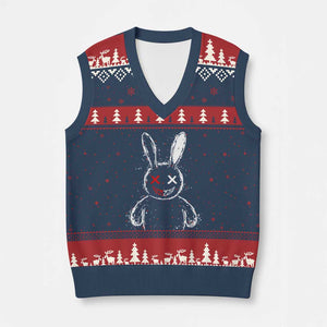 Creepy Cute Bunny V-Neck Knit Sweater Vest Rabbit Alt Goth Grunge Horror Aesthetic TS10 Navy Red Print Your Wear