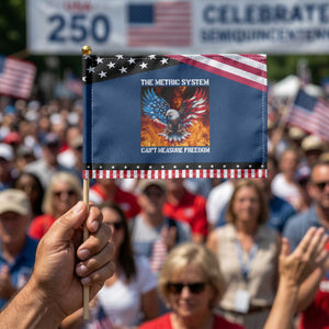Funny Bald Eagle 4th of July Patriotic Handheld Flag The Metric System Cant Measure Freedom American Flag TS10 Classic 8.2" × 5.5" Blue Black Print Your Wear