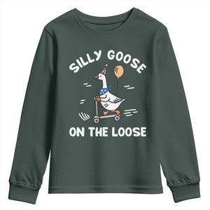 Funny Silly Goose Youth Sweatshirt Goose On The Loose Animal Humor TS10 Dark Forest Green Print Your Wear