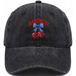 America Cherry Coquette Bow Washed Cotton Baseball Cap 4th of July Patriotic TS10 Washed Cap Universal Fit Black Print Your Wear
