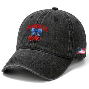America Cherry Coquette Bow Washed Cotton Baseball Cap 4th of July Patriotic TS10 Print Your Wear