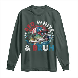 Funny Fishing Long Sleeve Shirt Red White Bruh Fisherman Gift American Flag TS10 Dark Forest Green Print Your Wear