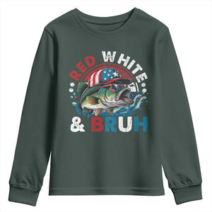 Funny Fishing Youth Sweatshirt Red White Bruh Fisherman Gift American Flag TS10 Dark Forest Green Print Your Wear