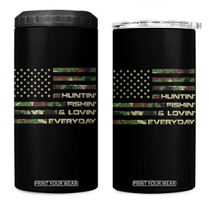 Hunting Fishing Loving 4 in 1 Can Cooler Tumbler Hunter Fisher Camo American Flag
