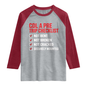 CDL A Pre Trip Checklist Trucker Raglan Shirt Driver Safety Inspection Graphic