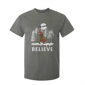 Bigfoot Christmas Tree Lights T Shirt For Kid Believe Rock On Sasquatch Santa Hat TS10 Military Green Print Your Wear