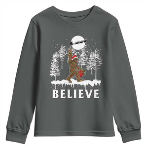 Bigfoot Christmas Tree Lights Youth Sweatshirt Believe Rock On Sasquatch Santa Hat TS10 Dark Heather Print Your Wear