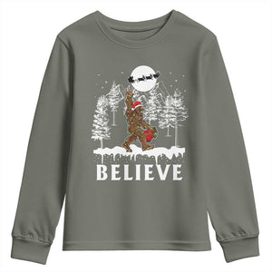 Bigfoot Christmas Tree Lights Youth Sweatshirt Believe Rock On Sasquatch Santa Hat TS10 Military Green Print Your Wear