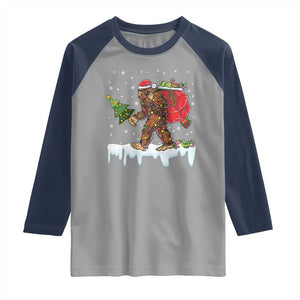 Bigfoot Christmas Tree Lights Raglan Shirt Believe Xmas Sasquatch Lovers Funny TS10 Sport Gray Navy Print Your Wear