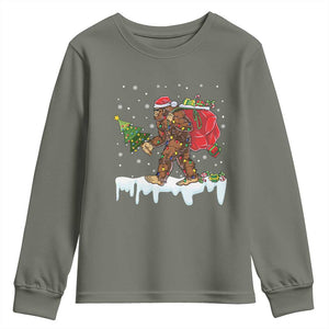 Bigfoot Christmas Tree Lights Youth Sweatshirt Believe Xmas Sasquatch Lovers Funny TS10 Military Green Print Your Wear