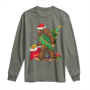 Bigfoot Christmas Long Sleeve Shirt Believe Sasquatch Lovers Xmas Tree Lights TS10 Military Green Print Your Wear