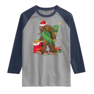 Bigfoot Christmas Raglan Shirt Believe Sasquatch Lovers Xmas Tree Lights TS10 Sport Gray Navy Print Your Wear