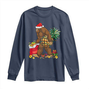 Bigfoot Christmas Long Sleeve Shirt Pineapple Tree Lights Funny Hawaiian Xmas Sasquatch Lovers TS10 Navy Print Your Wear