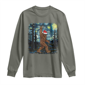 Christmas Bigfoot Starry Night Long Sleeve Shirt Sasquatch Santa Hat Sasquatch Van Gogh Sky Painting Art TS10 Military Green Print Your Wear