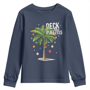 Hawaiian Christmas Youth Sweatshirt Deck The Palms Christmas Palm Tree Beach Family Vacation TS10 Navy Print Your Wear