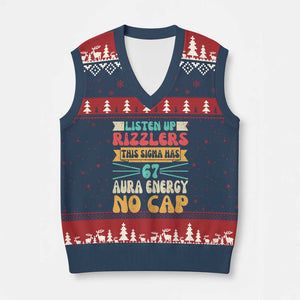 Listen Up Rizzlers This Sigma Has 67 Aura Energy Six Seven V-Neck Knit Sweater Vest TS10 Navy Red Print Your Wear